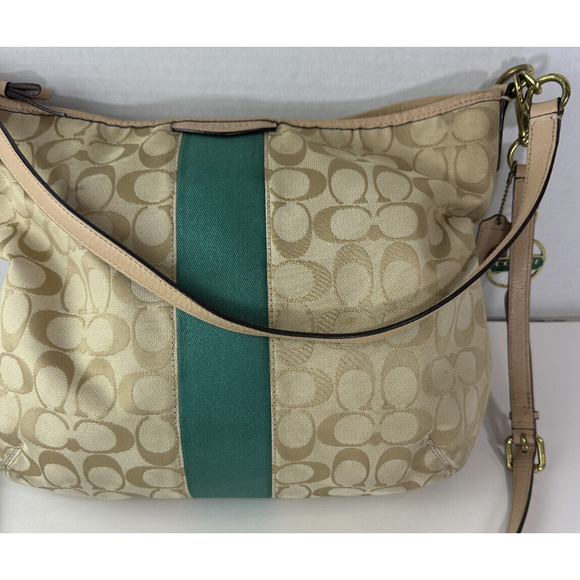 COACH Convertible Hobo Shoulder Bag Crossbody Tan Green Stripe Purse F29941 - Picture 9 of 16